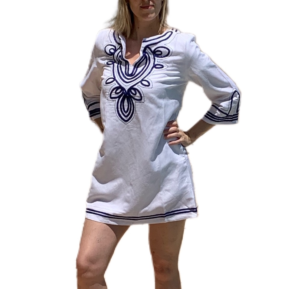 NWT 🇫🇷 Les Canebiers White & Blue Tahiti Tunic Dress - Picture 1 of 4
